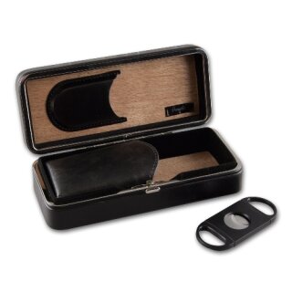 Cigarrenetui Kunstleder schwarz mit Cutter innen Zedernholz 19x9x5.8cm