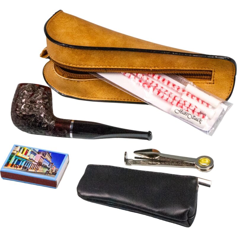 Pfeifen Einsteigerset Lederoptik braun Straight Rustic Mundstück Acryl 