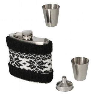 Taschenflasche/Flachmann Set ANGELO Stoff schwarz 2 Bechern/Trichter