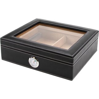 Humidor Lederoptik schwarz/weiße Naht,Glasdeckel