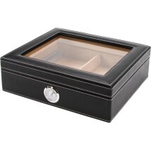 Humidor Lederoptik schwarz/weiße Naht,Glasdeckel