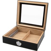 Humidor Lederoptik schwarz/weiße Naht,Glasdeckel