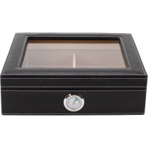 Humidor Lederoptik schwarz/weiße Naht,Glasdeckel