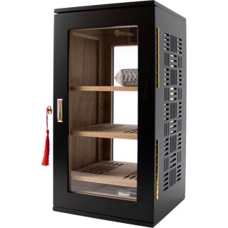 Humidor-Schrank schw.matt, Front u.Rücks.Acryl, seitl. Dekor